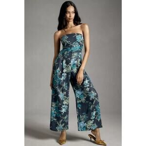 New ANTHROPOLOGIE Faithfull Alegrias Floral Linen Jumpsuit $319 SIZE 4 Blue